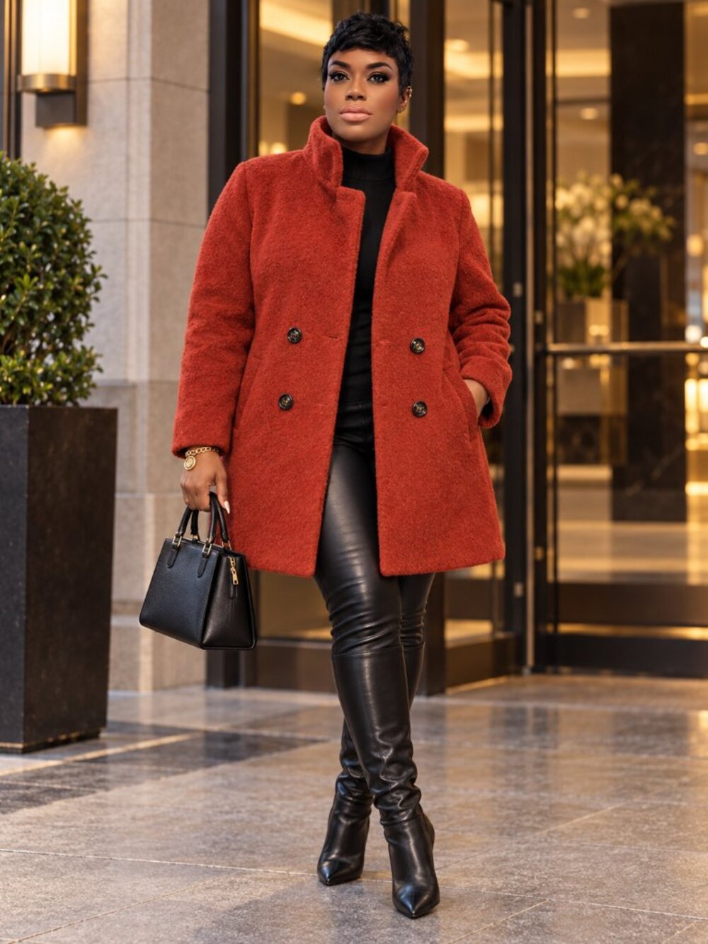 Elegant burnt-orange textured coat in a flattering double-breasted style